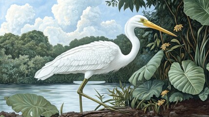 Fototapeta premium Detailed painting of a great egret in a tropical setting.