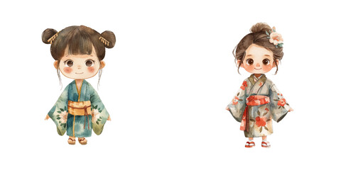 cute kid wearing kimono watercolor vector illustration