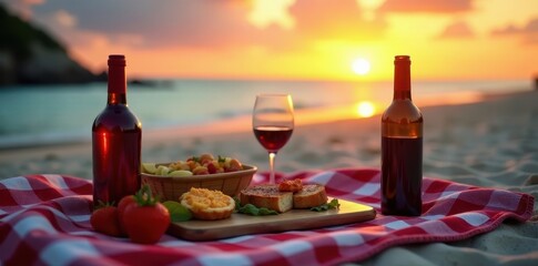 Sunset beach picnic, checkered blanket, wine bottle, gourmet food, romance, beautiful
