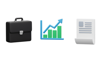  set of icons representing professional success, including a business briefcase, a rising financial graph, and important documents.