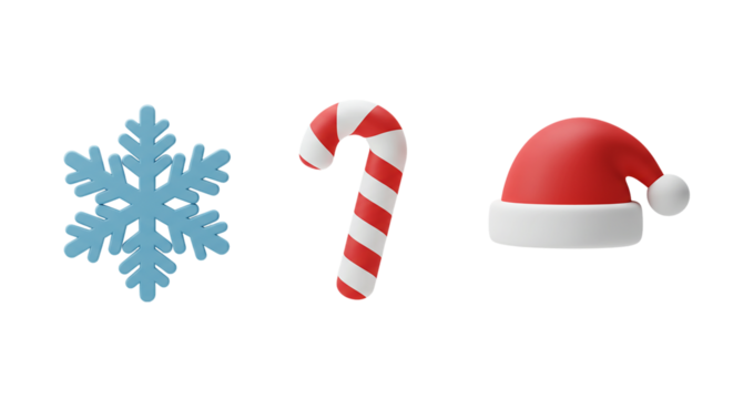 charming collection of holiday symbols, including a delicate blue snowflake, a traditional red and white candy cane, and a classic Santa hat.