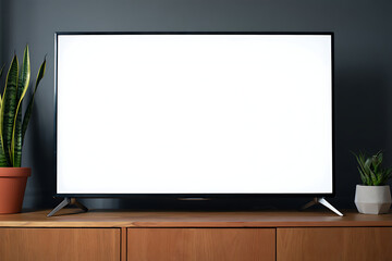 Blank TV Screen Mockup on Stand in Modern Living Room
