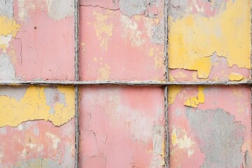 Textured wall with peeling paint.  A section of a building with faded, colorful, and weathered paint.  Squares divided by wooden frames