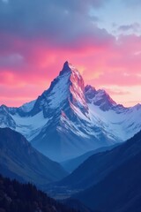Majestic pink & blue sunrise over snow-capped peaks, adventure, nature