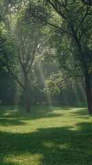 Fototapeta premium Sunbeams filtering through lush green trees in a park. Peaceful, serene nature scene.
