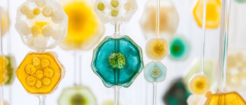 lab grown microbial structures forming hexagonal colonies, geometric