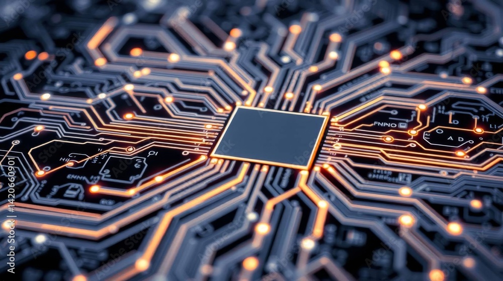 Poster Modern technology circuit board with processor and glowing connections