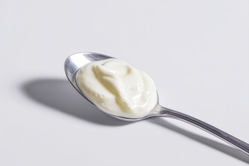 High key studio macro of angled spoon with dollop of plain yogurt creating soft shadow on white, perfect for digestive health leaflets, keto snack promos and culinary e‑learning visuals