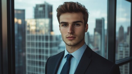 Fototapeta premium Young Business Professional in Modern Office Environment with City Skyline Background, Exuding Confidence and Ambition, Wearing Suit and Tie
