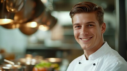 Professional young chef smiling in kitchen with fresh ingredients and cooking utensils in background, showcasing culinary passion and talent for food preparation