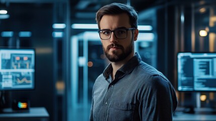 Obraz premium Young professional man in glasses standing confidently in modern office with computer screens, showcasing analytical data and technology in a contemporary workspace