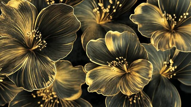Luxurious black and gold hibiscus flowers close-up, detailed background
