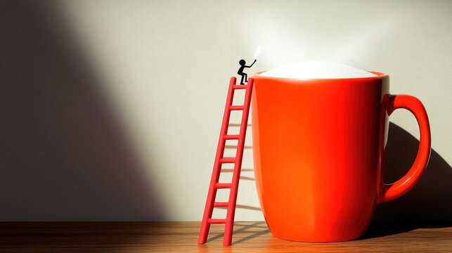 Miniature figure on ladder illuminating large red coffee cup