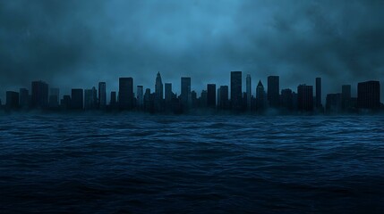 Fototapeta premium Dark city skyline submerged in stormy ocean. Dramatic, moody atmosphere. Perfect for environmental themes, dystopian fiction, or climate change visuals.