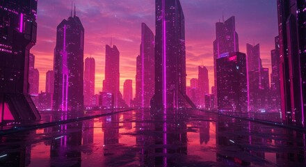 Futuristic Pink Neon City at Sunset Reflection