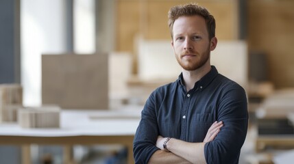Confident young man in casual attire standing with arms crossed in a modern workspace showcasing creativity and craftsmanship in a minimalist environment