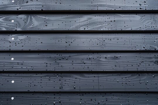 Moody rain screen detail premium wood siding, precise joints, technical close-up shows rain droplets on wood.