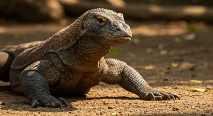 Fototapeta premium Komodo Dragon on Sandy Ground in Natural Sunlight