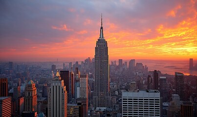 City skyline at sunset. Iconic skyscraper