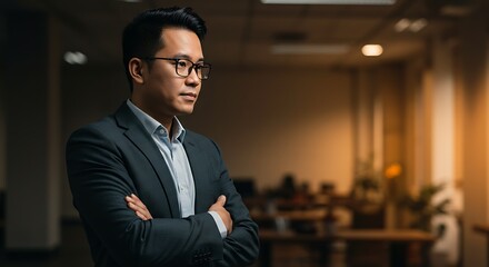 Fototapeta premium Confident Businessman in Dark Suit Posing in Office at Night