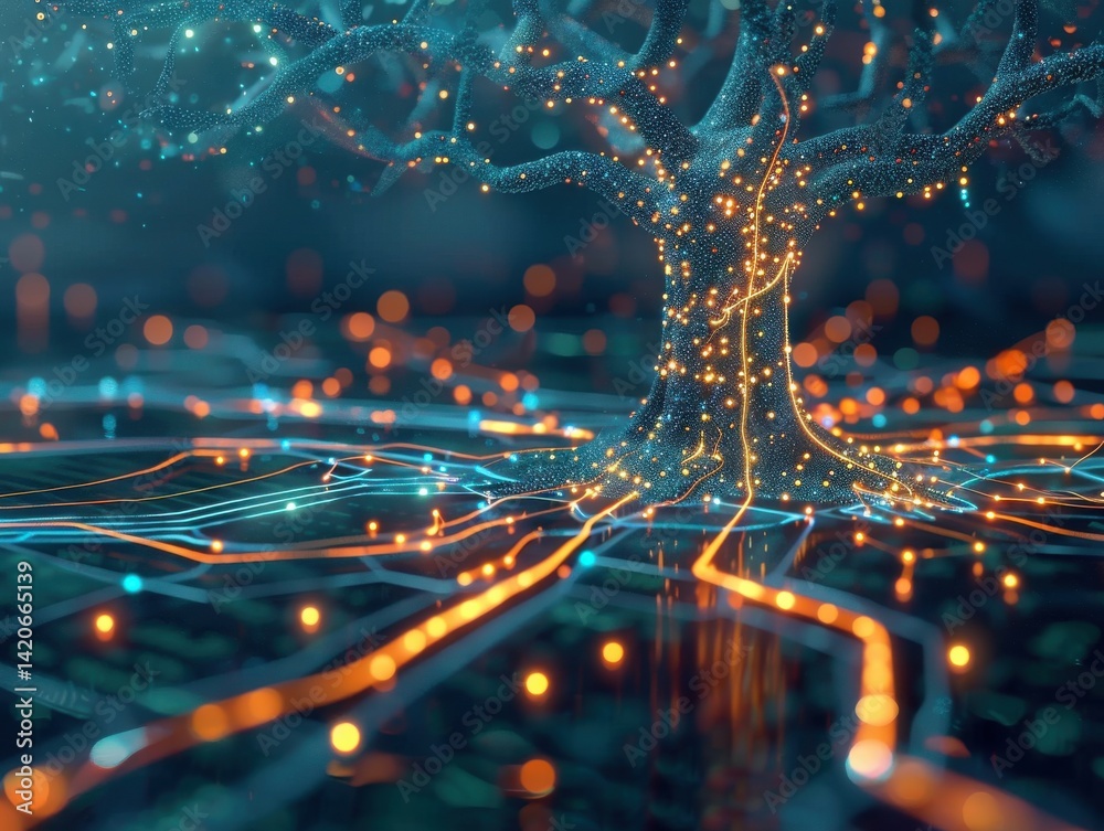 Wall mural holographic root cause analysis tree diagram comes alive problem branches illuminate paths to the co