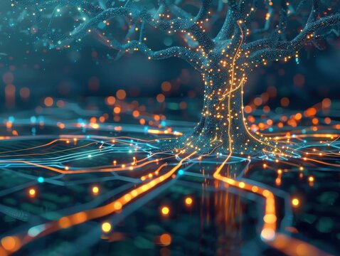 Holographic root cause analysis tree diagram comes alive problem branches illuminate paths to the core issue watermark in a digital circuit design.