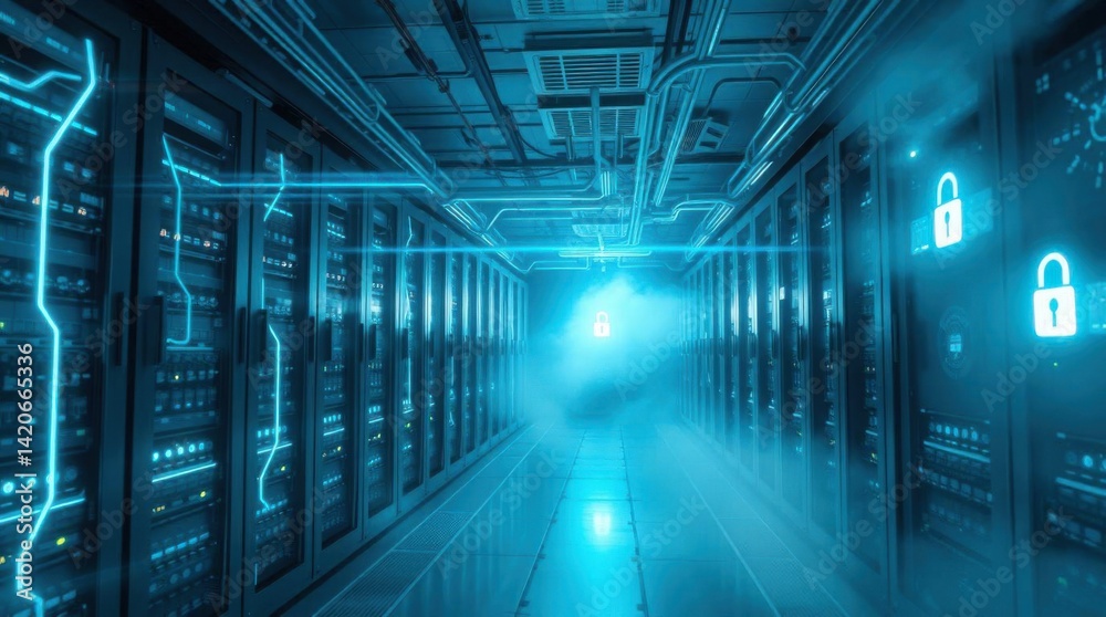 Poster Secure data center featuring servers with glowing lights and lock icons