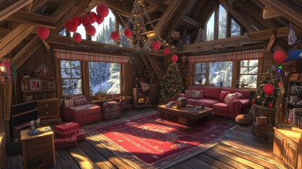 Cozy winter cabin interior, decorated for Christmas.