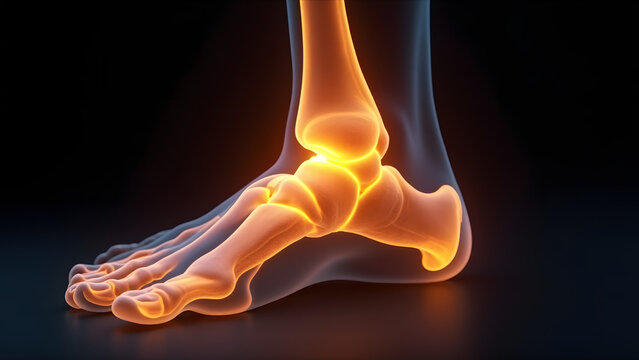 A turning peroneus longus tendon glowing copper/gold. Perfect for ankle sprain prevention.