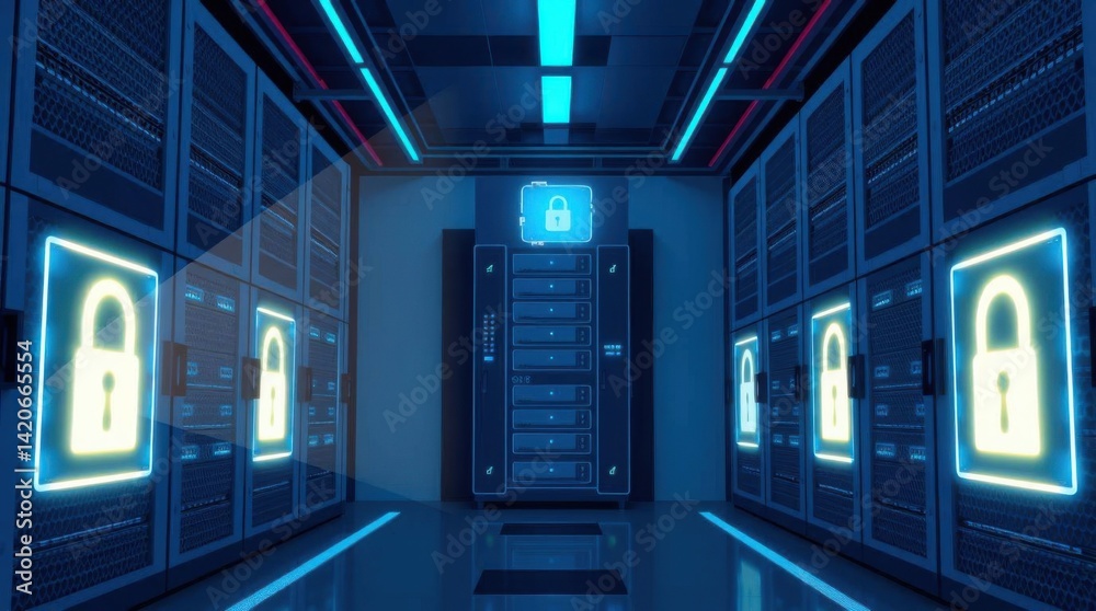 Poster Secure data center with server racks and glowing lock icons protecting data