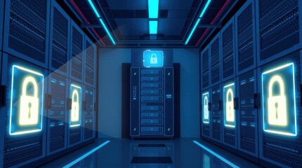 Naklejka premium Secure data center with server racks and glowing lock icons protecting data