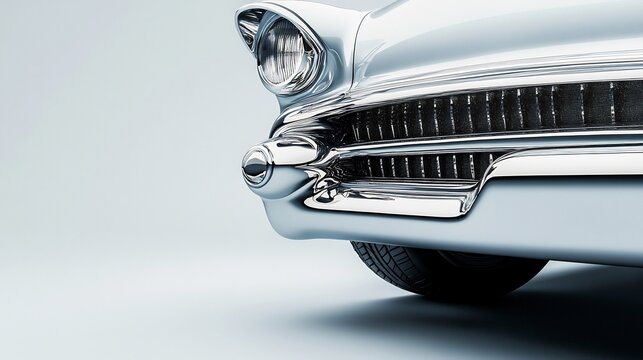 Hyperrealistic photography vintage car with bright chrome bumper, rest of image muted pastel grey tones, selective color, detailed reflection, classic