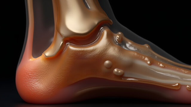 A flattened peroneus brevis tendon glowing brass/silver. Ideal for lateral ankle anatomy.