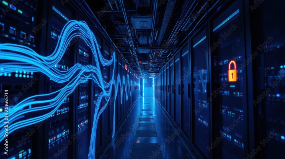 Poster Secure data center with servers and network cables for data protection