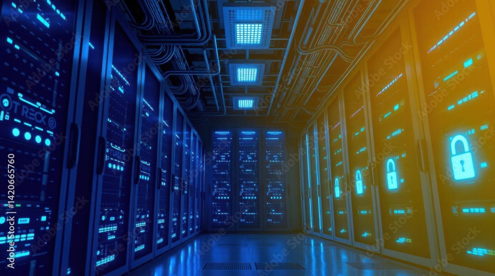 Poster Secure data center with servers and network infrastructure for cybersecurity