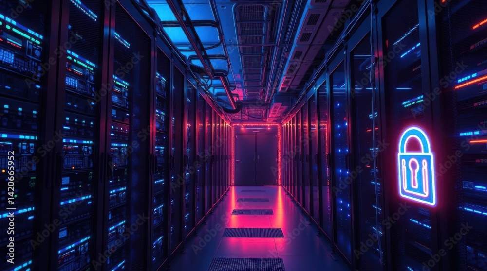 Poster Secure server room with data protection glowing lock in a neon style