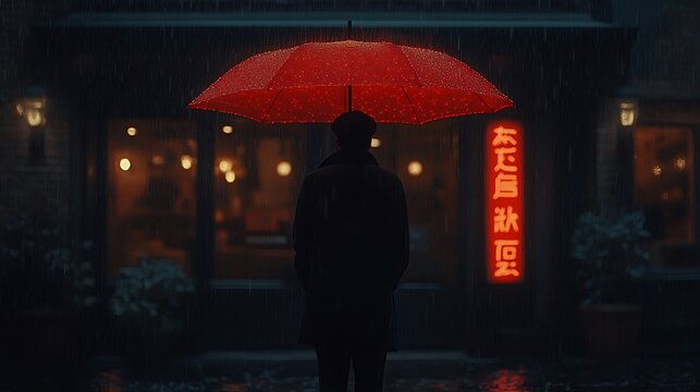 Rainy night, lone figure, red umbrella