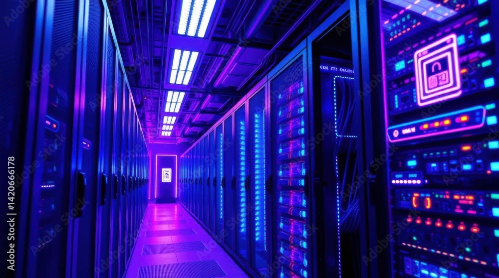 Poster server room illuminated with neon lights and cutting edge technology