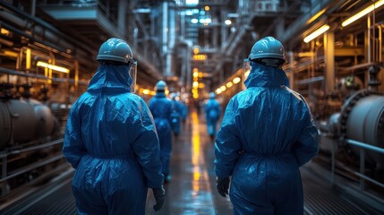 Obraz premium Industrial Workers in Protective Suits Walking Through a Factory