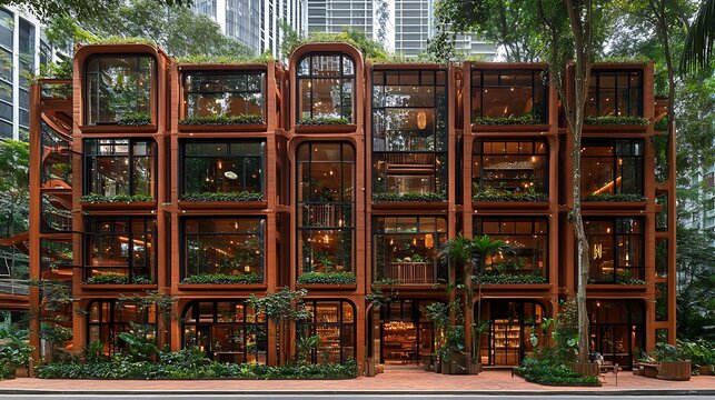 Lush, multi-story building with unique architecture