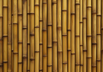 Fototapeta premium Natural bamboo wall texture. Close-up view of a dense bamboo fence. Warm, golden hues