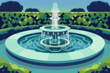 A simplified tiered fountain with geometric hedges in blues and greens, vector grain detail and basic water patterns.