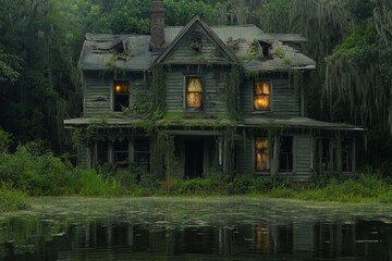 Obraz premium Abandoned house in overgrown swamp. Decaying two-story structure engulfed by lush vegetation, reflecting in a murky pond. Dimly lit windows suggest a mysterious interior