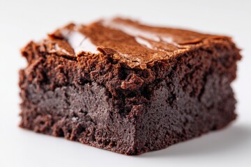 High quality studio photo of a decadent brownie square, isolated on white background, suitable for dessert or bakery concepts.