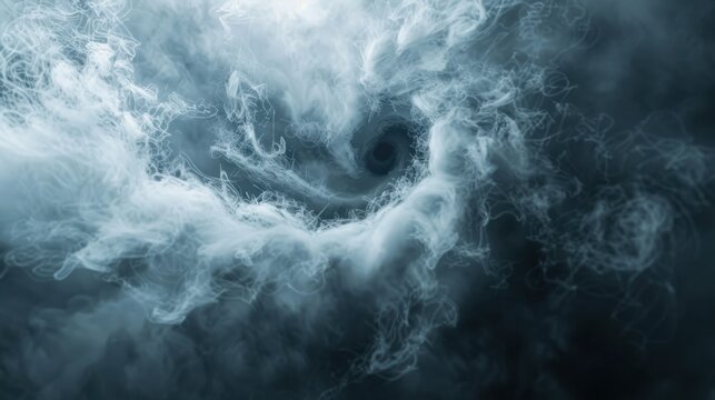 Whirling smoke vortex rendered with fluid dynamics particle simulation atmospheric effects volumetric lighting and photorealistic quality blur.