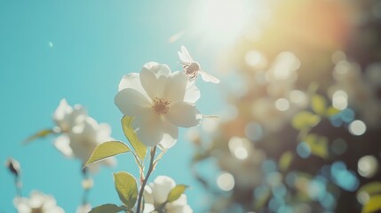 Sunlight illuminates a cluster of white blossoms.