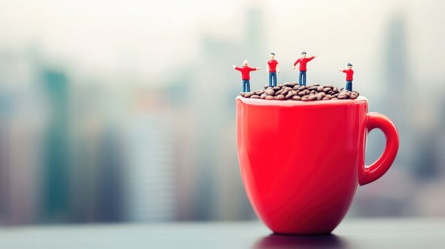 Miniature people on coffee beans in red mug, city background, creative concept image - Powered by Adobe