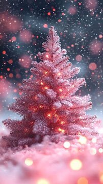 Christmas Photo Of A Pink Tree With Lights In A Winter Wonderland Ambiance