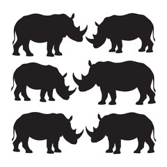 African Rhinoceros set different poses isolated Vectors Silhouettes White Background.