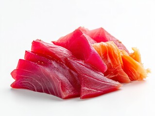 Professional studio shot of a sashimi slice with smooth texture, isolated on white, ideal for food blogs and Japanese recipe showcases.